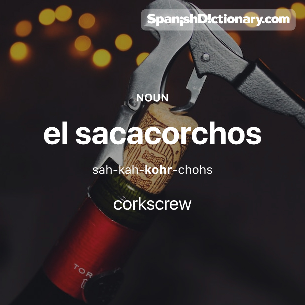 SpanishDict's tweet image. Today&apos;s #WordOfTheDay is &quot;sacacorchos.&quot; 🍾 For example: Abrí la botella con el sacacorchos. - I opened the bottle with the corkscrew.
#EstudiaEspañol #StudySpanish #AprendeEspañol #LearnSpanish #Español #Spanish #LearningSpanish #PalabraDelDia