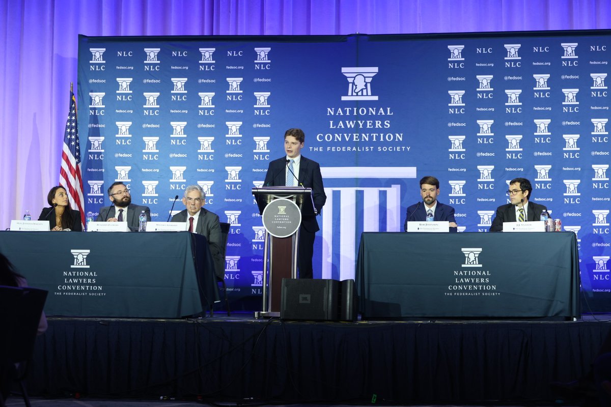 FedSoc's tweet image. As we look to the new legal frontiers ahead, we are grateful for the courage and leadership of our student members. 

As Hon. Patrick J. Bumatay opened the 2025 National Lawyers Convention with, "Return to your schools and keep advocating for your principles. Organize events,…