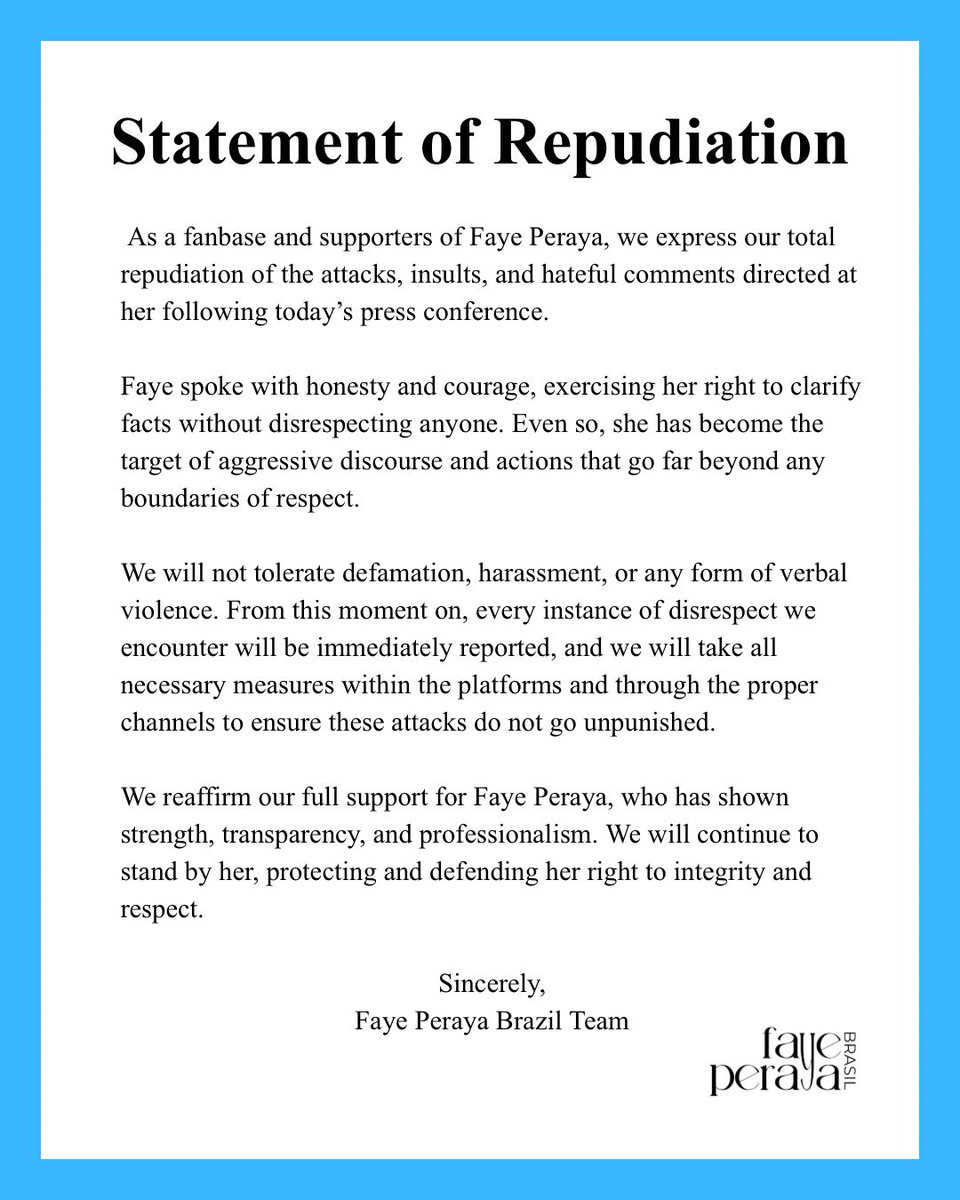 Estamos aqui por ela sempre, e não vamos tolerar esse tipo de coisa. Se virem hate, denunciem e mandem pra gente, nossa dm está sempre aberta. Vamos proteger nossa P'Faye 💛

🇺🇸 English: We’re always here for her, and we won’t tolerate this kind of behavior. If you see any hate,