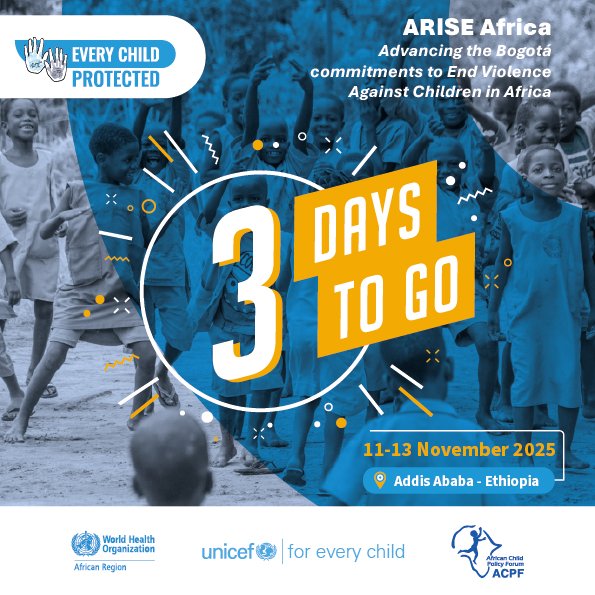 WHOEthiopia's tweet photo. 📢In just 3 days, the #ARISEAfrica Convening will bring together gov'ts, leaders, & partners to advance child protection systems across Africa!
🗓️ When:11-13 Nov 2025
📍Where:A.A.🇪🇹
Learn more:👉https://t.co/7uq28euXL6
#ProtectEveryChild
#StandForChildren
#UnitedForChildren https://t.co/yKT02s4yEo