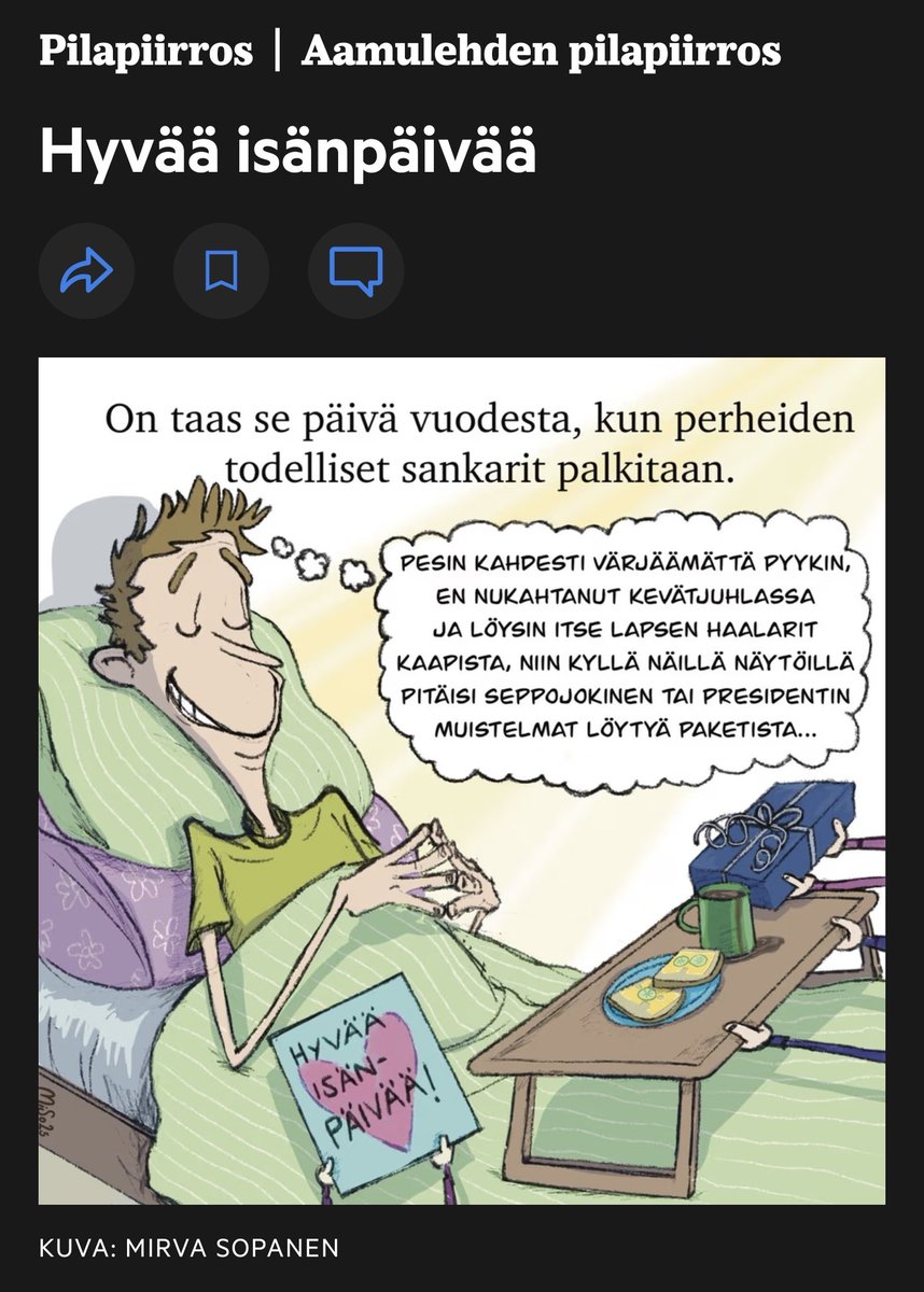 Isänpäivänä Aamulehti viestii, että isät ovat saamattomia ja itseriittoisia. Kyse on tahallisuudesta, sillä mikään lehti ei julkaisisi moista kuvaa naisista tai äideistä minään päivänä.

Jokainen tähän julkaisupäätökseen osallistunut ei ole vain tyhmä, vaan myös paha ihminen.