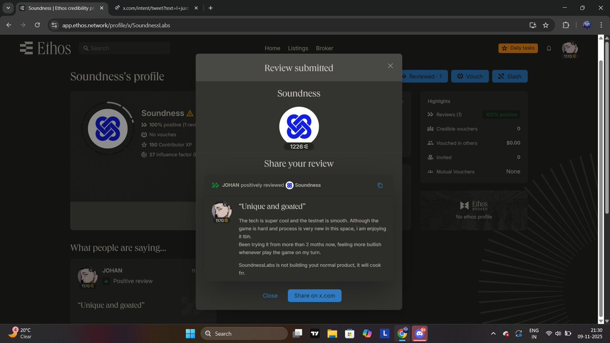 I just left a positive review for <a href="/SoundnessLabs/">Soundness</a> on <a href="/ethos_network/">Ethos</a>

here is the link of it app.ethos.network/activity/revie… 

if you are on Ethos, drop a review or experience there and share your thoughts. 

<a href="/TheHubKeeper/">PHAXY</a> <a href="/AWendy12947/">Wendybit ( Chinyere. A) 🧡🧡🧡</a> <a href="/FundsHustler/">0xy 🐬</a>