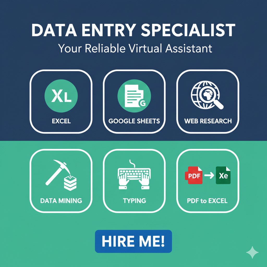 Itsivictor's tweet image. I will accurately handle data entry, web research, copy-paste tasks, and Excel/Google Sheets formatting. Fast delivery, 100% accuracy, and confidentiality guaranteed.

#SmallBusinessSupport
#EntrepreneurLife
#StartupHelp
#OutsourceWork 
#RemoteAssistant

fiverr.com/s/yvr4ZVb?utm_…