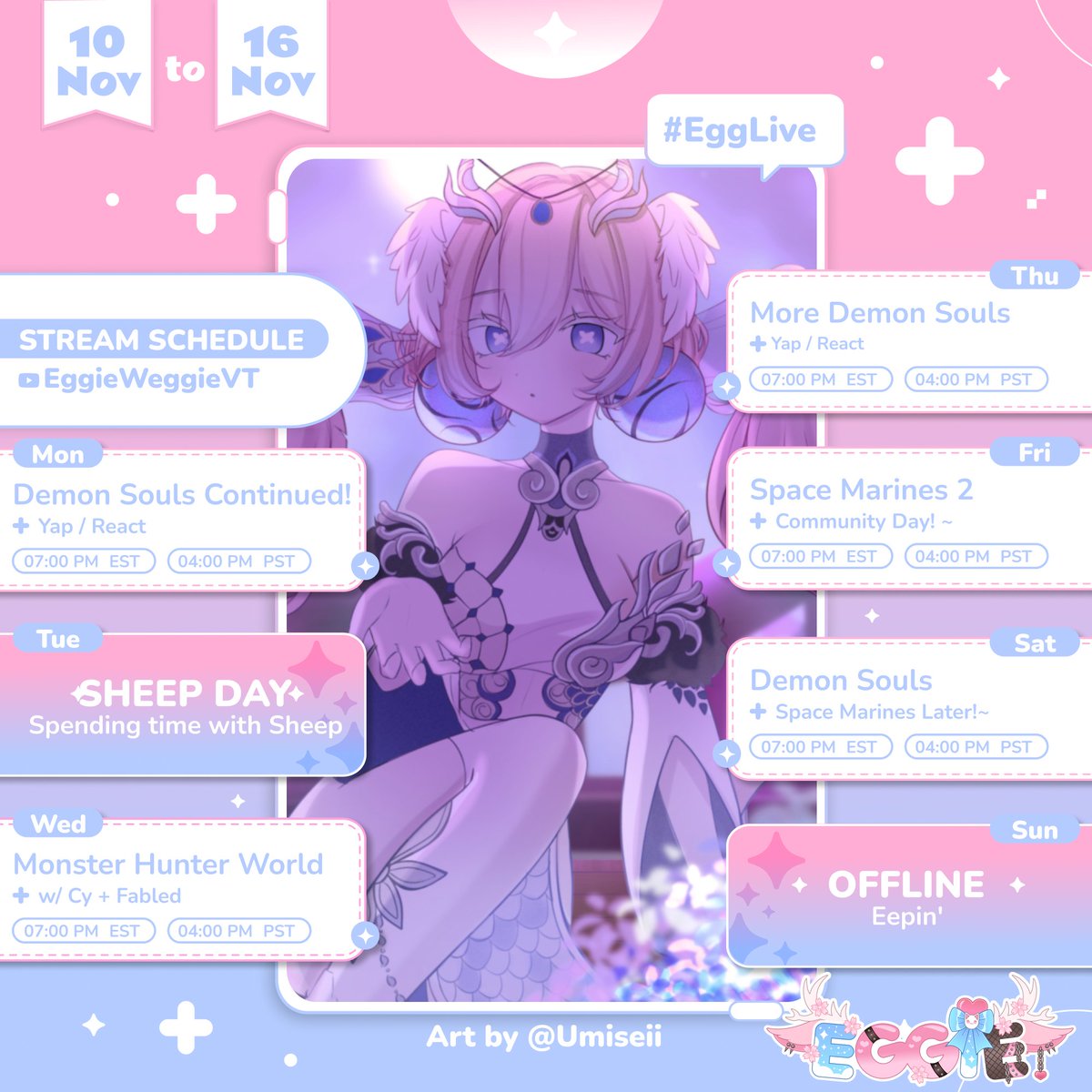 ˗ˏˋ ♡ WEEKLY STREAM SCHEDULE ♡ ˎˊ˗

༉‧₊˚ DEMON SOULS, SPACE MARINES, AND A MONSTER HUNTING REUNION ˚₊‧༉

✧༺ Times are EST! ༻✧  

─ ⋅ ⋅ ⋅ ──── ♡ ─── ⋅ ⋅ ⋅ ──

🌸 MONDAY ❥ Demon Souls Continued!  
✦ 7PM ⤷ Yap / React  

🌸 TUESDAY ❥ SHEEP DAY  
✦