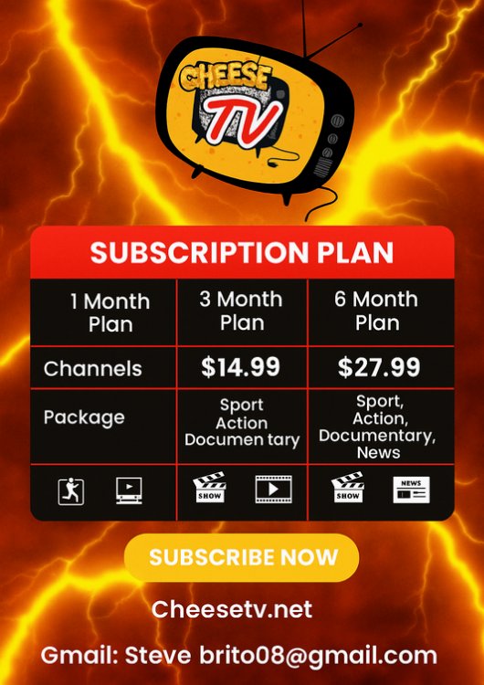 PascalTechy0661's tweet image. 🎬 Your favorite shows just got cheesier! 🍿
Stream non-stop sports, action, documentaries &amp;amp; news with CheeseTV 

💸 1 Month – $14.99
💸 3 Months – $19.99
💸 6 Months – $27.99

👉 Subscribe now at CheeseTV.net
📧 Stevebrito08@gmail.com

#CheeseTV #StreamingMadeFun