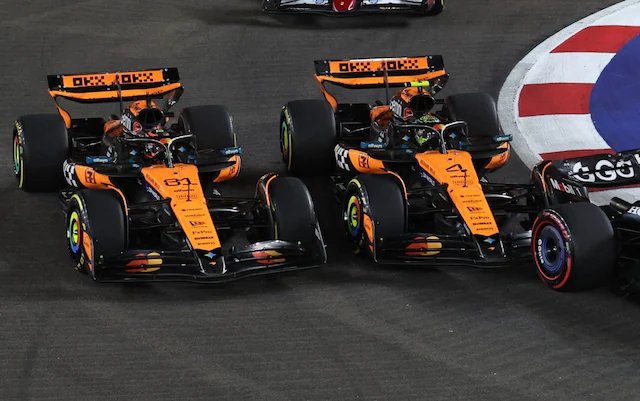 Diethel111's tweet photo. @aabs_1990 @F1BigData Classic Lando hater with low IQ. Go watch DTS instead of F1. Here's the comparison. In SG (left), there was a car-width space, and their front axles are side-to-side. Oscar just stupidly squeezed himself. https://t.co/7vIV8sft68