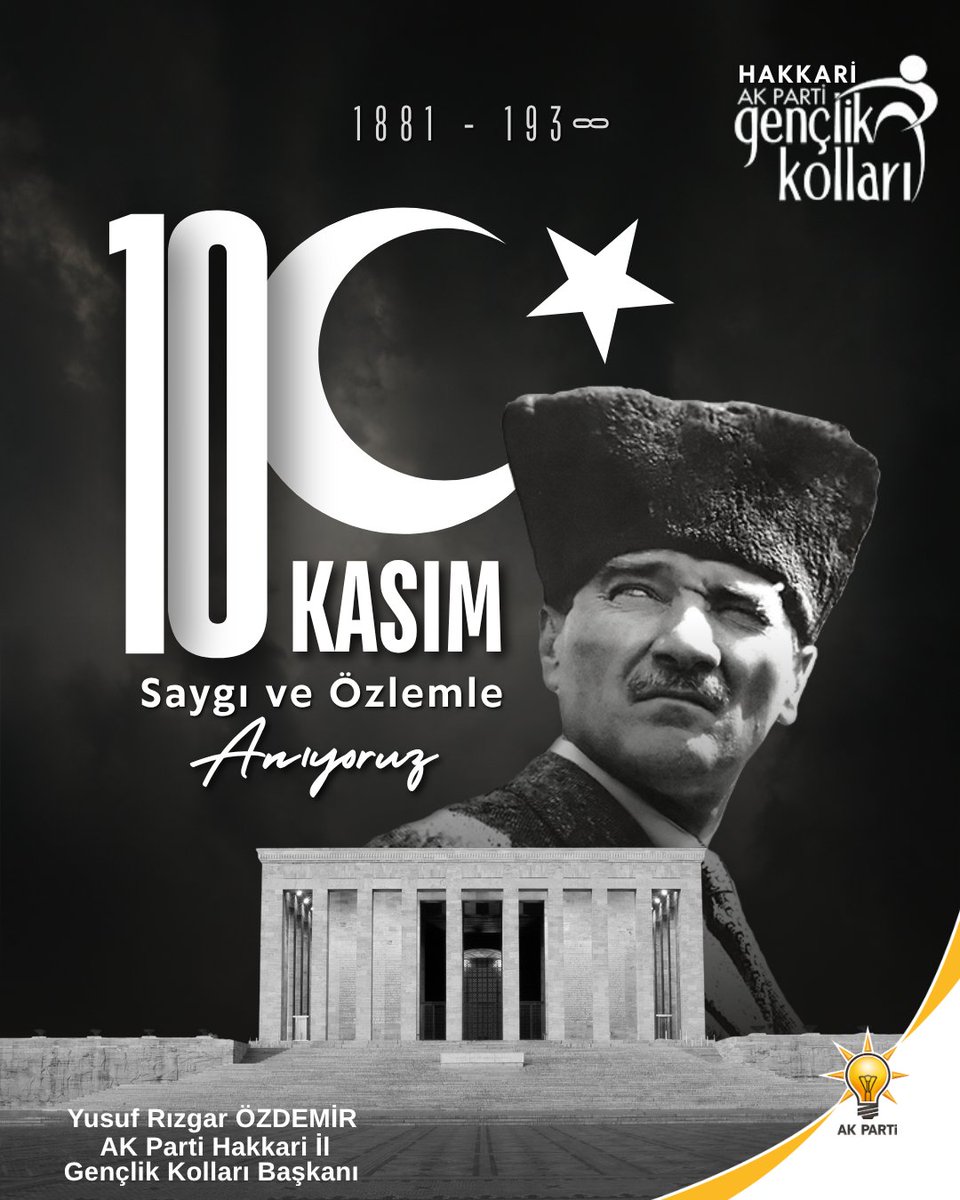 Cumhuriyetimizin kurucusu, Gazi Mustafa Kemal Atatürk’ü, aramızdan ayrılışının yıl dönümünde minnet, rahmet ve saygıyla anıyoruz.

Mustafa Kemal Atatürk ve canlarını feda eden kahraman silah arkadaşlarına Allah’tan rahmet diliyoruz. 🇹🇷

#10Kasım #HakkariAKGençlik