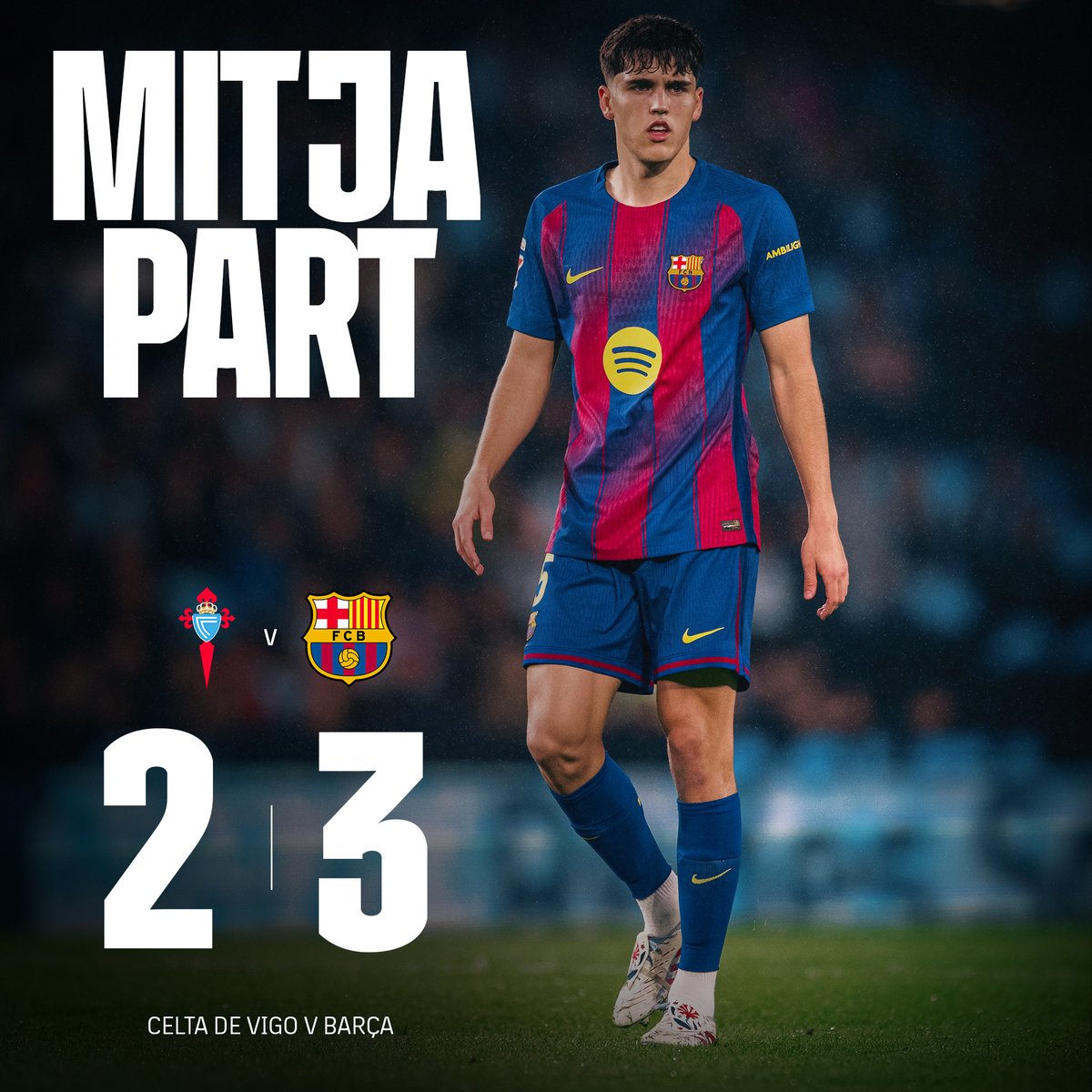 ❗C'est la pause à Vigo, où le Barça mène grâce à un doublé de Lewandowski (10' et 37') et un but de Lamine Yamal (48'). Carreira (12') et Borja Iglesias (43') avaient égalisé pour le Celta #CeltaBarça