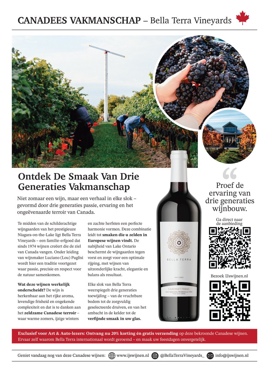 Ontdek het vakmanschap van drie generaties wijnbouwers bij Bella Terra Vineyards – waar passie, traditie en het unieke terroir van Canada samenkomen. 🍷

Trots dat dit bijzondere wijnhuis te zien is in Arts &amp; Auto.