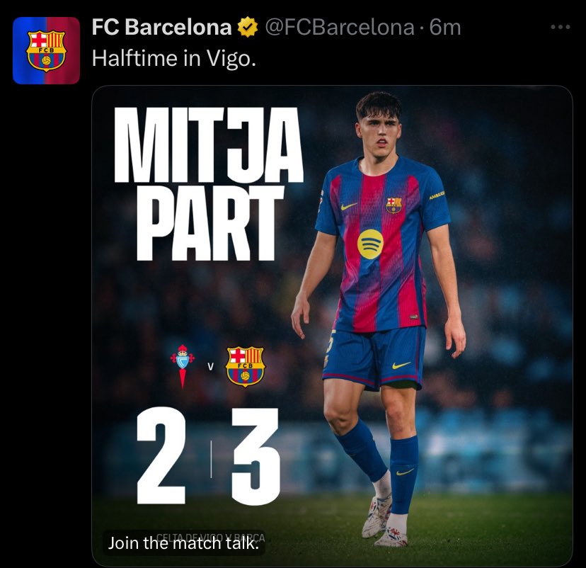 Halftime 
Celta vigo 2️⃣-3️⃣ Barcelona 
#Laliga #CeltaBarça #TFHub
