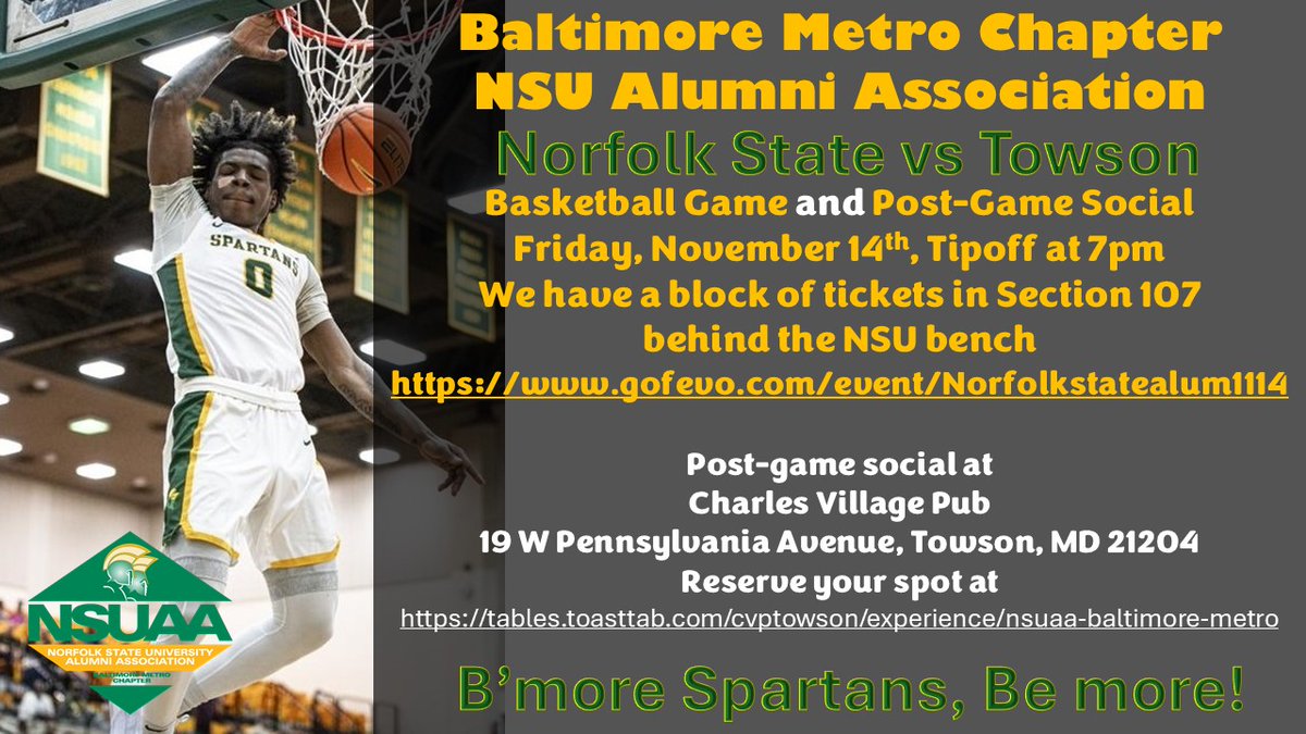 DMV Spartans, check out <a href="/NSU_BBALL/">Norfolk State Men's Basketball</a> as they take on Towson this Friday. Then join us at the post-game social. 

B'more Spartans, Be More!
💚💛⛹🏾‍♂️