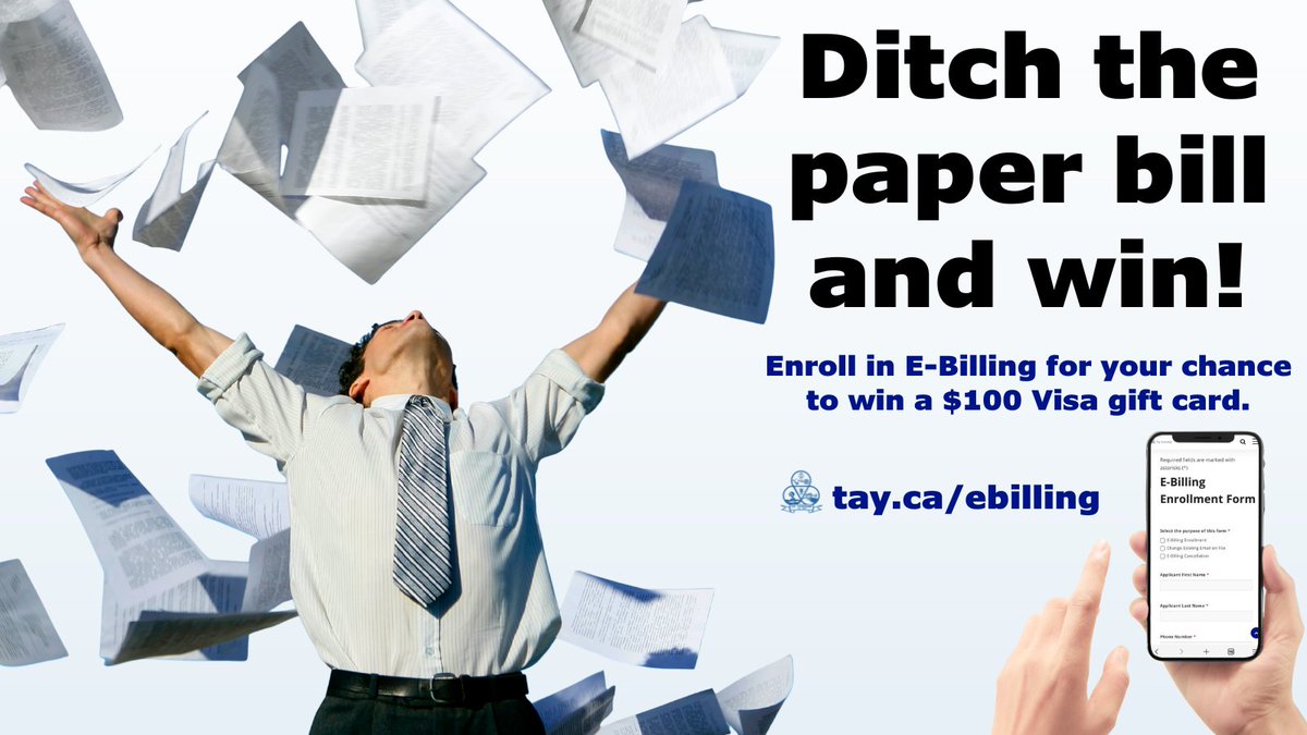 Go paperless and win! 🎉 Sign up for #TayTownship E-Billing and you could win a $100 Visa gift card. First draw takes place Nov. 3 with two property tax account winners &amp; two water/wastewater account winners! Full details at 👉 ow.ly/N5gc50Xfc9l
