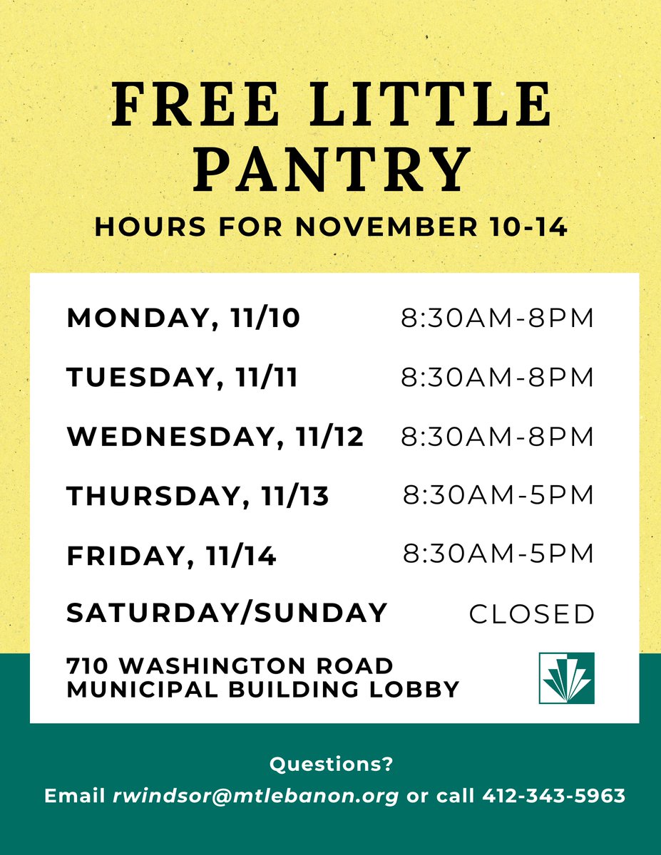 MtLebanonPA's tweet image. Hours for the Free Little Pantry this week: 
Monday: 8:30-8
Tuesday: 8:30-8
Wednesday: 8:30-8
Thursday: 8:30-5
Friday: 8:30-5

Available in the lobby of the municipal building, 710 Washington Road. No registration, requirements or limits. Take what you need; give what you can. 💛