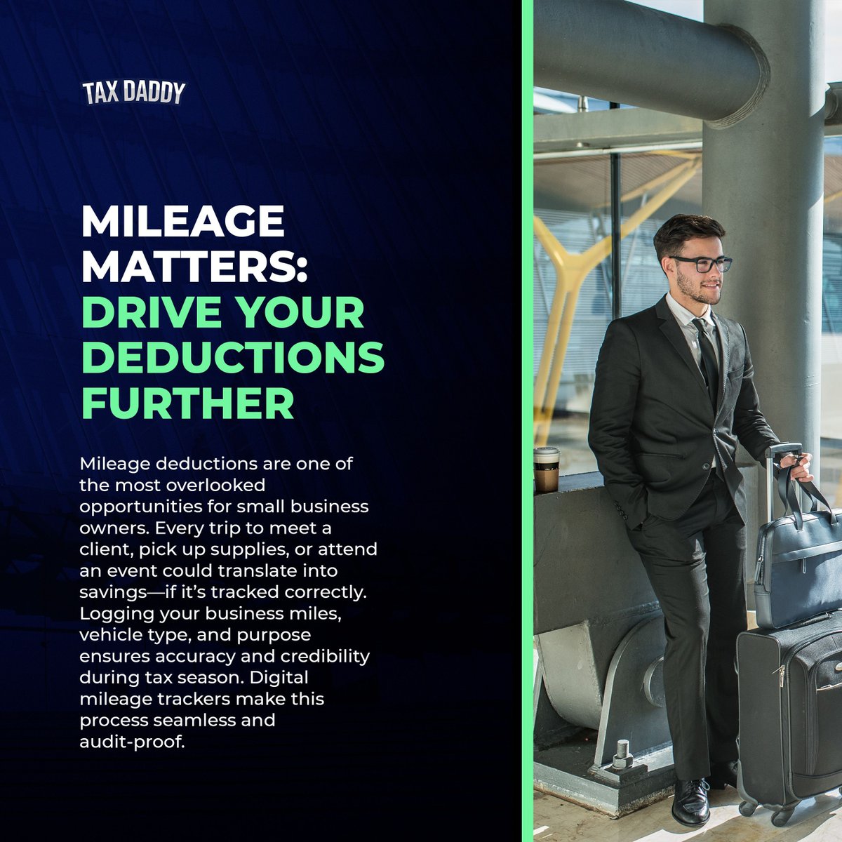TaxDaddyInc's tweet image. Every business mile can drive your tax bill down. Track trips, log details, and claim what’s yours.
Tax Daddy knows best—small miles lead to big savings.

#TaxDaddyKnowsBest #MileageDeduction #SmartTracking