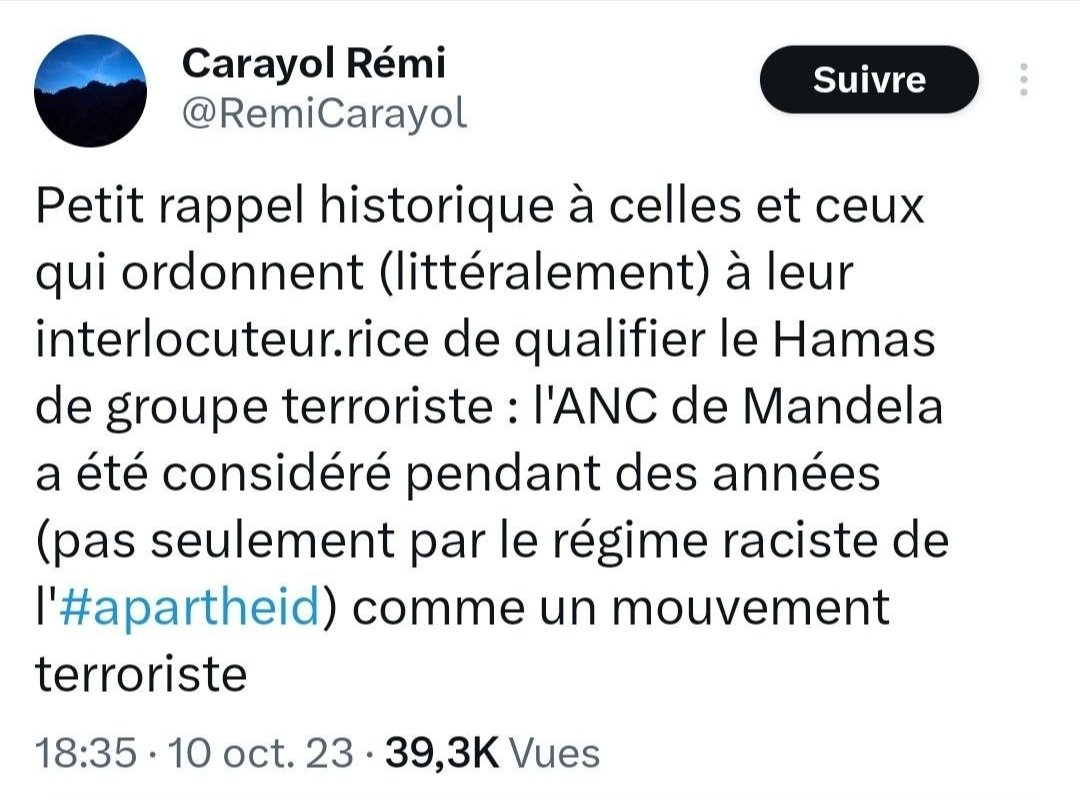 Nécessaire de rappeler qui est <a href="/RemiCarayol/">Carayol Rémi</a>: cet ardent #Défenseur du #Hamas au lendemain des pogroms du 7 octobre et "référence scientifique" des médias de gauche pour justifier les ingérences des #Comores pour déstabiliser #Mayotte, pour propager un discours anti-francais.