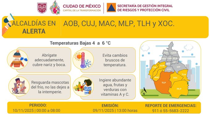 889Noticias's tweet photo. #Considera que hay dos alertas activas por bajas temperaturas, en las primeras horas del lunes en la #CDMX
Sintoniza @889noticias en #iHeartRadio https://t.co/Ra23567Nb2 vg https://t.co/dCVqUuaMMK