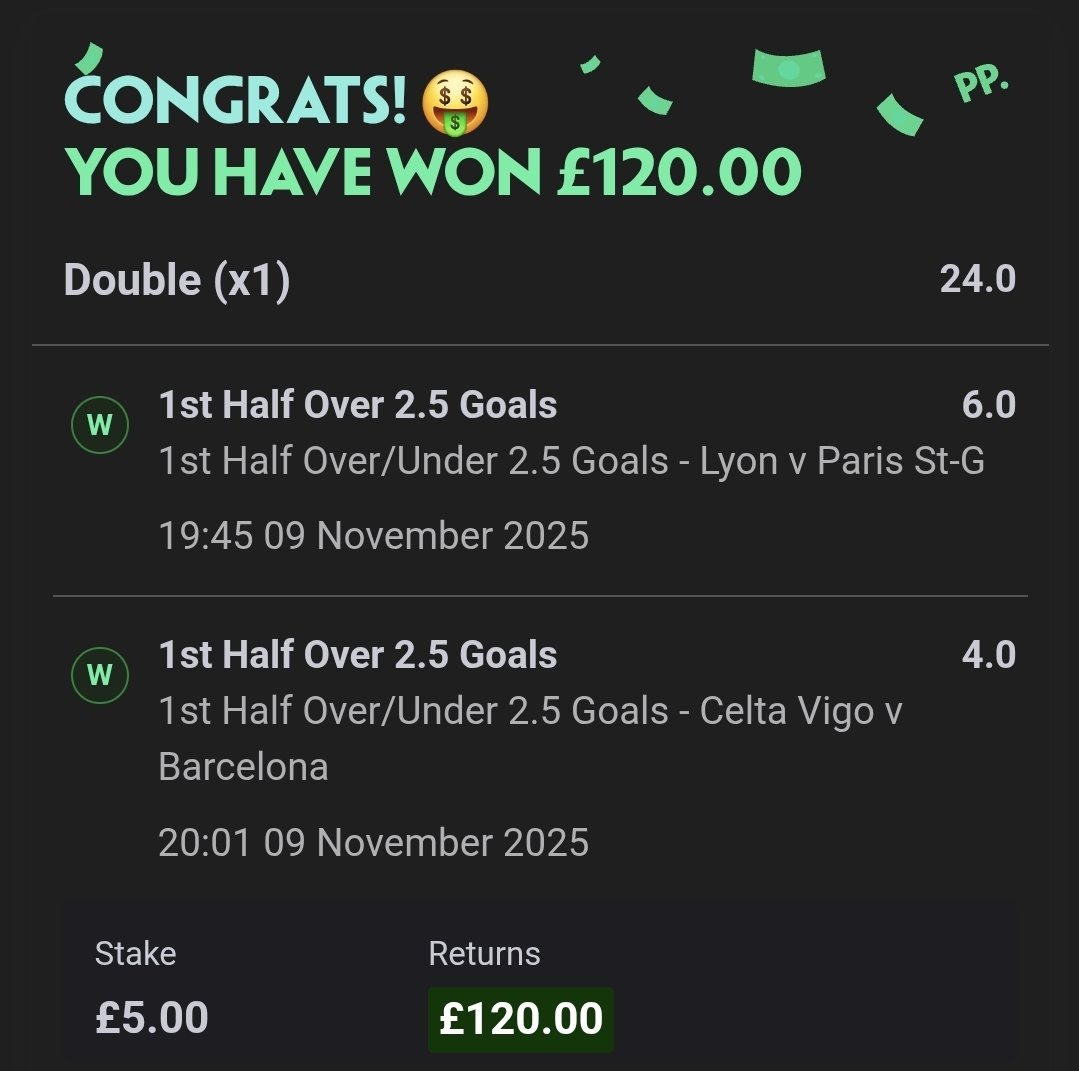 BOOOOMMMM 🔥🔥🔥

FHG Doubles sweep in 🇫🇷 &amp; 🇪🇸 

Over 1.5 FHG @ 5.0 ✅️

BTTS FH @ 12.0 ✅️

Over 2.5 FHG @ 24.0 ✅️

Show some love to go again ❤️