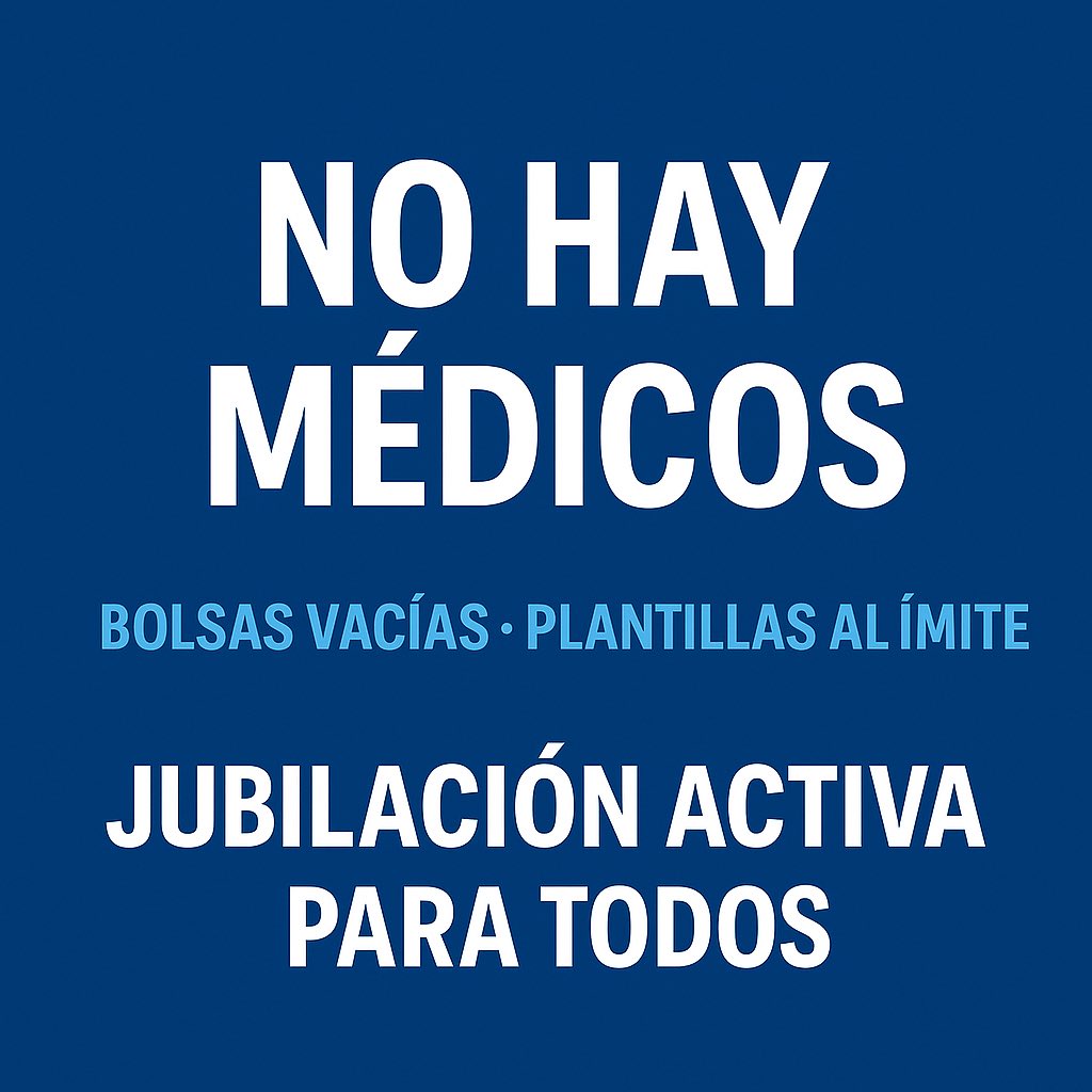 No hay médicos en España.
Las bolsas están vacías y las plantillas, al límite.
El relevo generacional no existe.
👉 Urge extender la jubilación activa a TODAS las especialidades médicas

🩺 JUBILACIÓN ACTIVA para TODOS.
