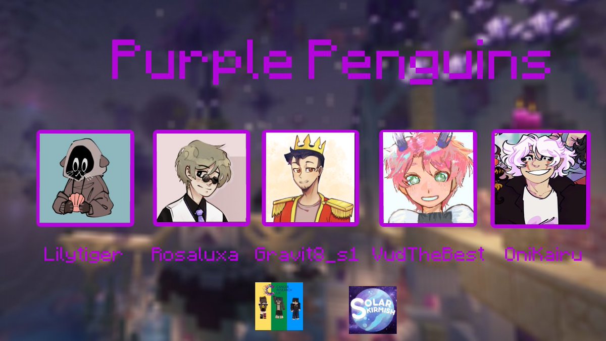 CRgamenights's tweet image. Representing @ChorionSMP (Yes Again...)
Introducing Purple Penguins
@Lily_tiger01 @RosAlcoolique @Gravit8S1 @vudthebest @OniKairu 
Watch them play in Solar Skirmish x CRGN: kinda smp wars on the 15th november at 1pm est