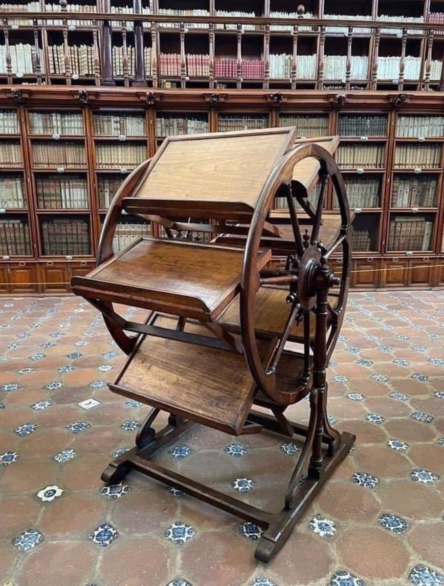 BrianRoemmele's tweet image. My web browser has a few hundred of these open…

That device is called a bookwheel (also known as a reading wheel).

It was invented in the late 16th century by Italian engineer Agostino Ramelli and was designed so scholars could consult multiple books at once without having to…