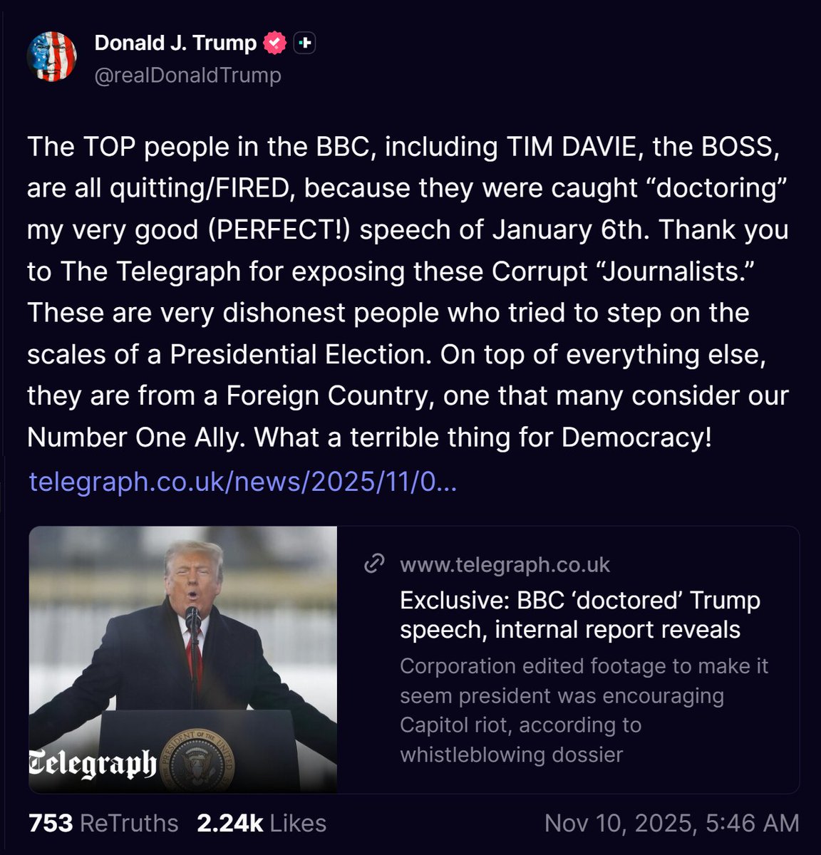 The BBC doctored a Donald Trump speech by making him appear to encourage the Capitol Hill riot, according to an internal whistleblowing memo seen by The Telegraph.
telegraph.co.uk/news/2025/11/0…