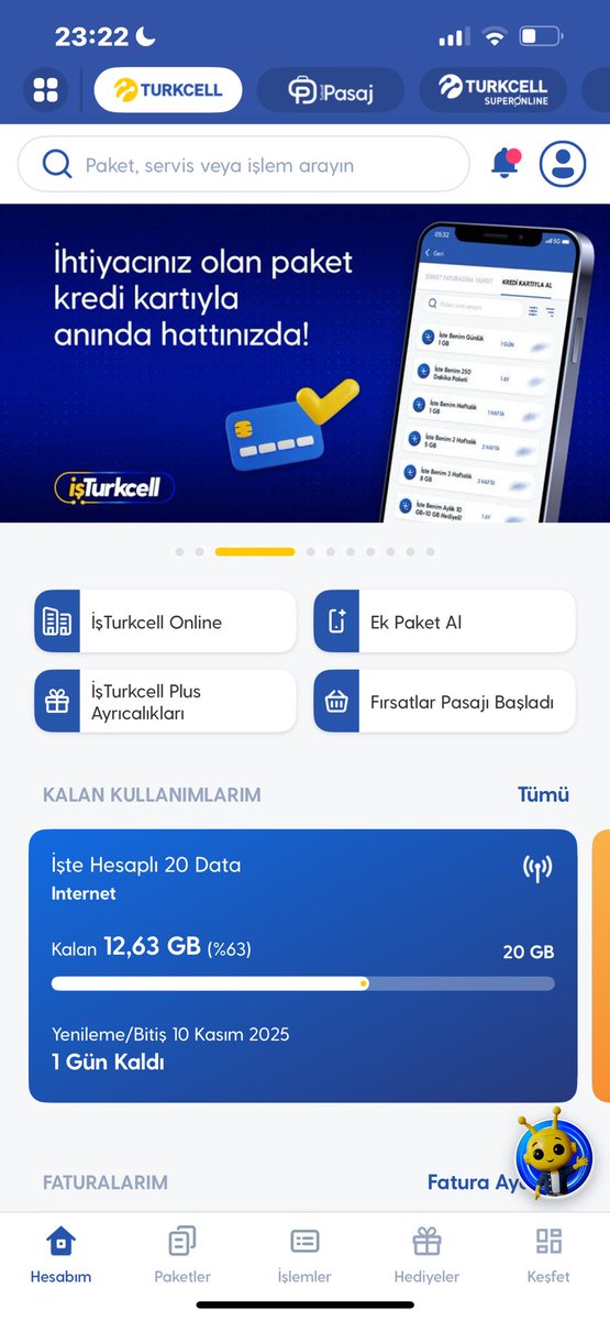 Bu gece benim parasını ödediğim 12,63gb ÇÖP OLUYOR…bu sistemin değişmesi lazım ,,elektrik d.gaz ve suyu kullandığımız kadar öderken bunun ne özelliği var ,,erken bitirince yeni paket i satmaya çalışıyorsunuz…HÁRÁM ZEHİR ZIKKIM OLSUN <a href="/Turkcell/">TURKCELL</a> <a href="/tuketiciajansi/">Tüketici Ajansı</a> <a href="/bilincli_tuket/">Bilinçli Tüketim Hareketi</a>