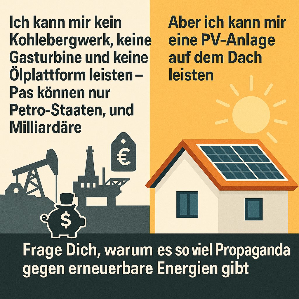 Ich kann mir kein Kohlebergwerk, keine Gasturbine und keine Ölplattform leisten - Das können nur Petro-Staaten, und Milliardäre.

Aber ich kann mir eine PV-Anlage auf dem Dach leisten.

Frage Dich, warum es so viel Propaganda gegen erneuerbare Energien gibt.