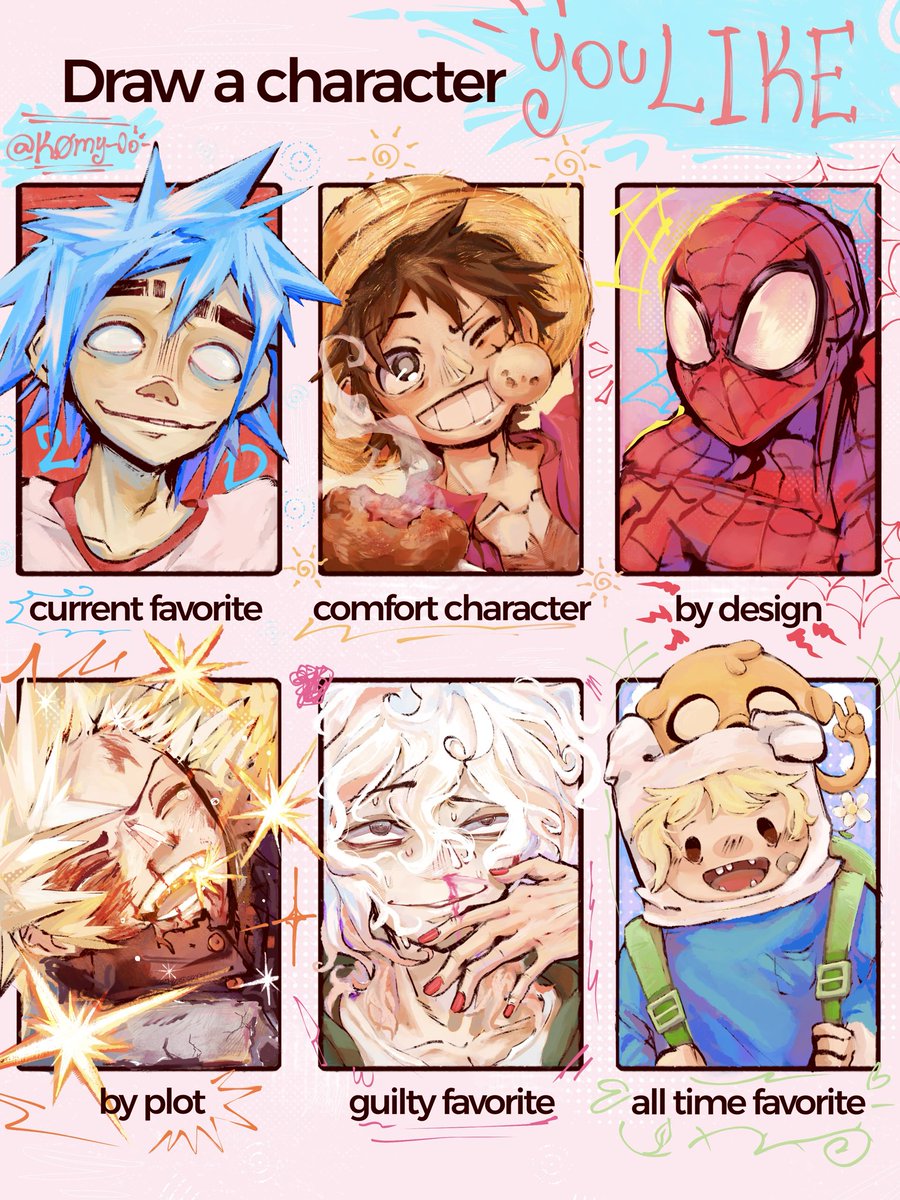 KOmy_0o's tweet photo. MY SHAYLAS π€β¨!!!
lo difΓcil que fue elegir solo 6 personajes para esto πβ
|| #drawacharacteryoulike #2D #luffy #luffyfanart #spiderman #spidermanfanart #katsukibakugo #bakugoukatsuki #nagitokomaeda #finnthehuman #gorillaz #art || https://t.co/abHYkI3wLW