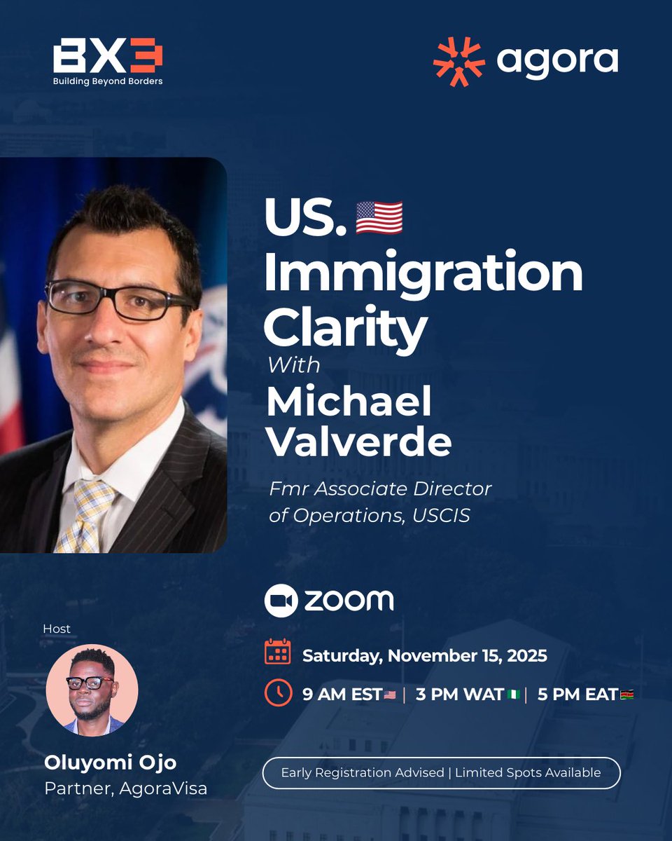 OluyomiOjo's tweet image. Immigration feels confusing right now, but clarity changes everything.

This Saturday, we’re hosting Michael Valverde, the former executive who ran USCIS field operations for a decade. If you are a founder or talent trying to navigate O-1, EB-1, EB-2, or NIW visas or just trying…