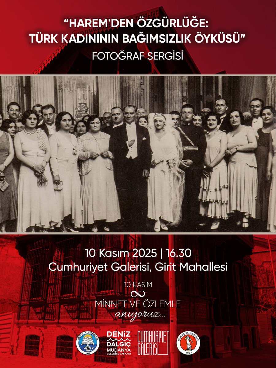 10 Kasım Atatürk’ü Anma Haftası’nda belediyemiz ve Türk Kadınlar Birliği iş birliğinde, Türk kadınının özgürlük ve eşitlik mücadelesinin Cumhuriyet ile perçinlendiği yolcuğa tanıklık edeceğiz. 

Sergimizin açılışına davetlisiniz.