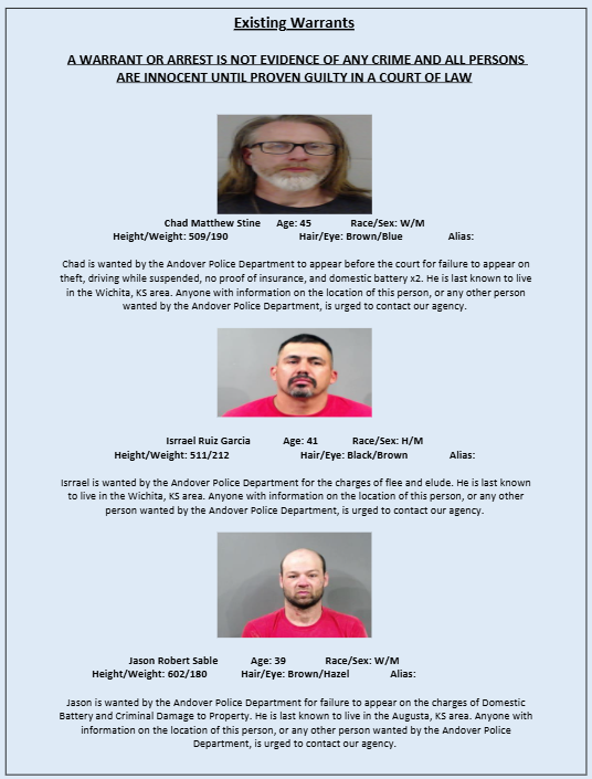 AndoverKSPD's tweet photo. Those arrested are presumed innocent until proven guilty in a court of law. Anyone with information about crimes in our area are encouraged to contact the Andover Police Department at (316) 733-5177. https://t.co/c9wLDr5giM