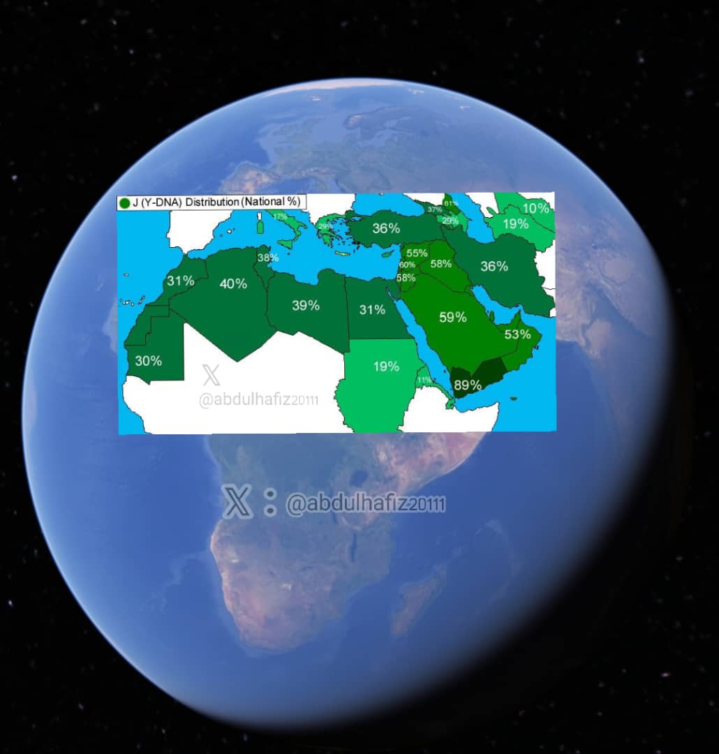 أظهرت الأبحاث أن المجموعة الوراثية (J1) الجين العربي تشكل  على النحو التالي:
اليمن في الترتيب الأول حيث يتواجد الجين العربي بنسبة 89%.