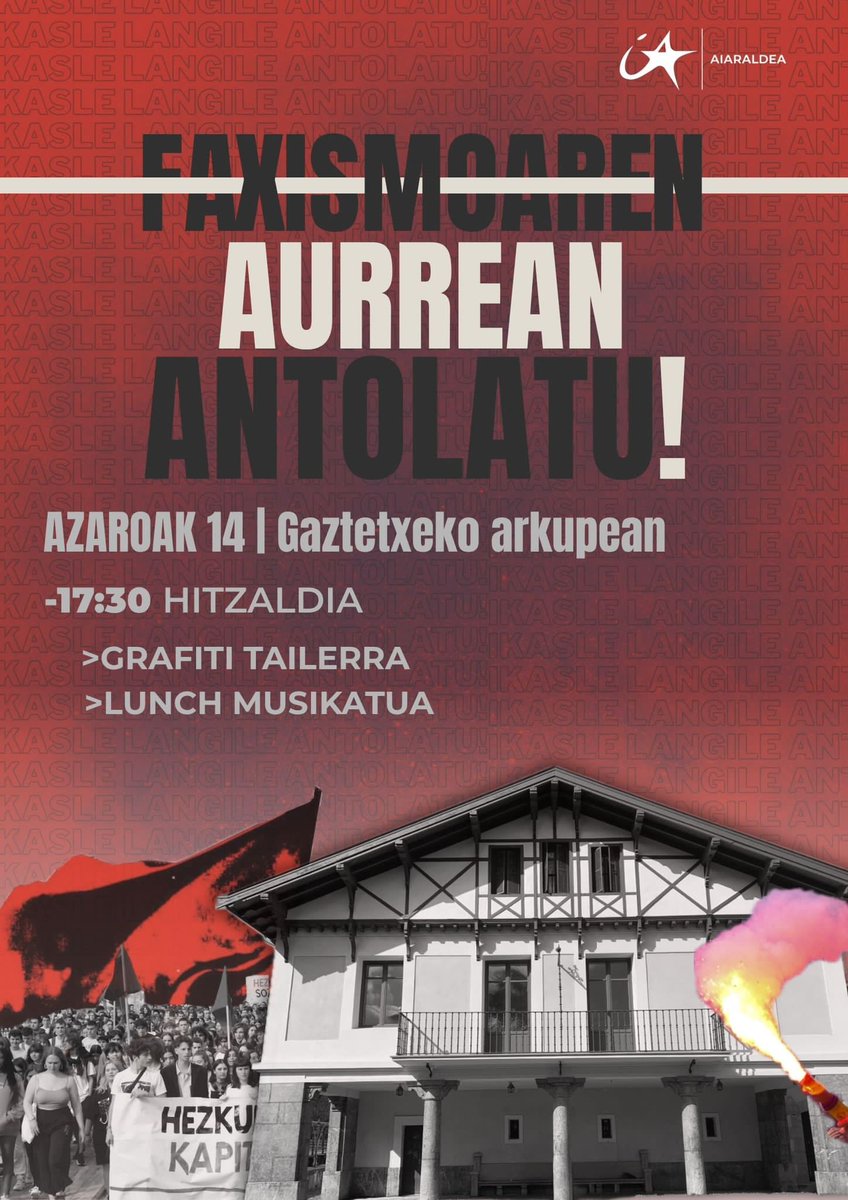 IAS_aiaraldea's tweet photo. Ostiral honetan Laudioko gaztetxeko arkupean egongo gara faxismoa eta ideia erreakzionarioei buruz hitz egiten. Animatu! https://t.co/oXOqsIMgAu