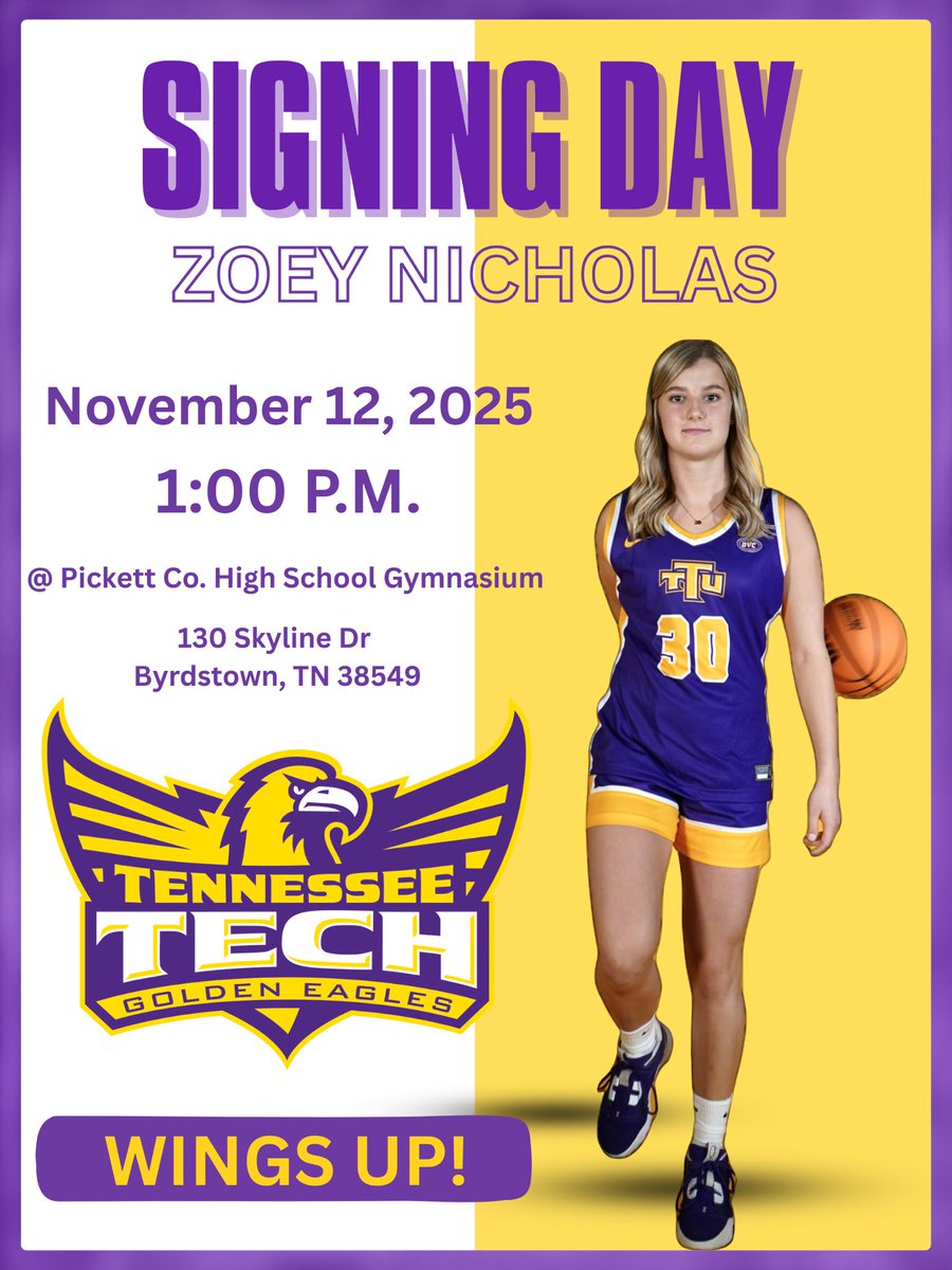 Join us as we celebrate <a href="/zoeynicholas30/">Zoey Nicholas</a> this Wednesday as she signs her NLI with <a href="/TTUWBB/">Tennessee Tech Women’s Basketball</a> 💜💛