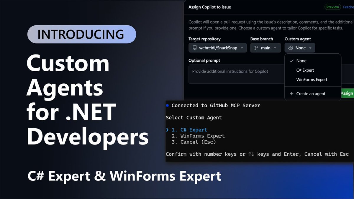 dotnet's tweet image. 🤖 Meet your new coding sidekicks!
Custom Agents for .NET developers are here—think C# Expert and WinForms Expert ready to assist with code reviews, debugging, and smart suggestions. These AI-powered helpers streamline (cont) msft.it/l/6014tz0e6