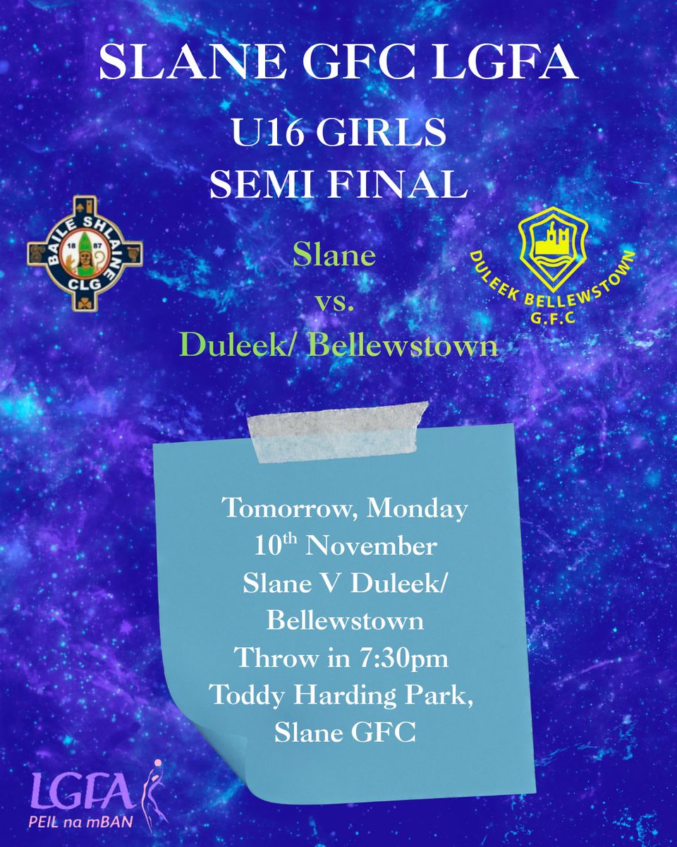 🏐💙 U16 Girls Semi Final Alert! 💙🏐

Tomorrow night, our Slane GFC U16 Girls take on Duleek/Bellewstown in the Semi Final! 🙌

📅 Monday, 10th November
🕢 Throw-in: 7:30pm
📍 Toddy Harding Park, Slane GFC