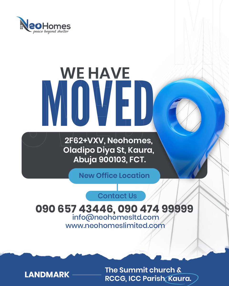 NeoHomesLtd's tweet photo. We've moved! 🎉 NeoHomes is excited to announce our new office location at 2F62+VXV, Oladipo Diya St, Kaura, Abuja. Come visit us in our new space! Contact us at 090 657 43446 or info@neohomesltd.com. #NeoHomes #NewOffice #Abujacommunity https://t.co/byI3Mrb6lB