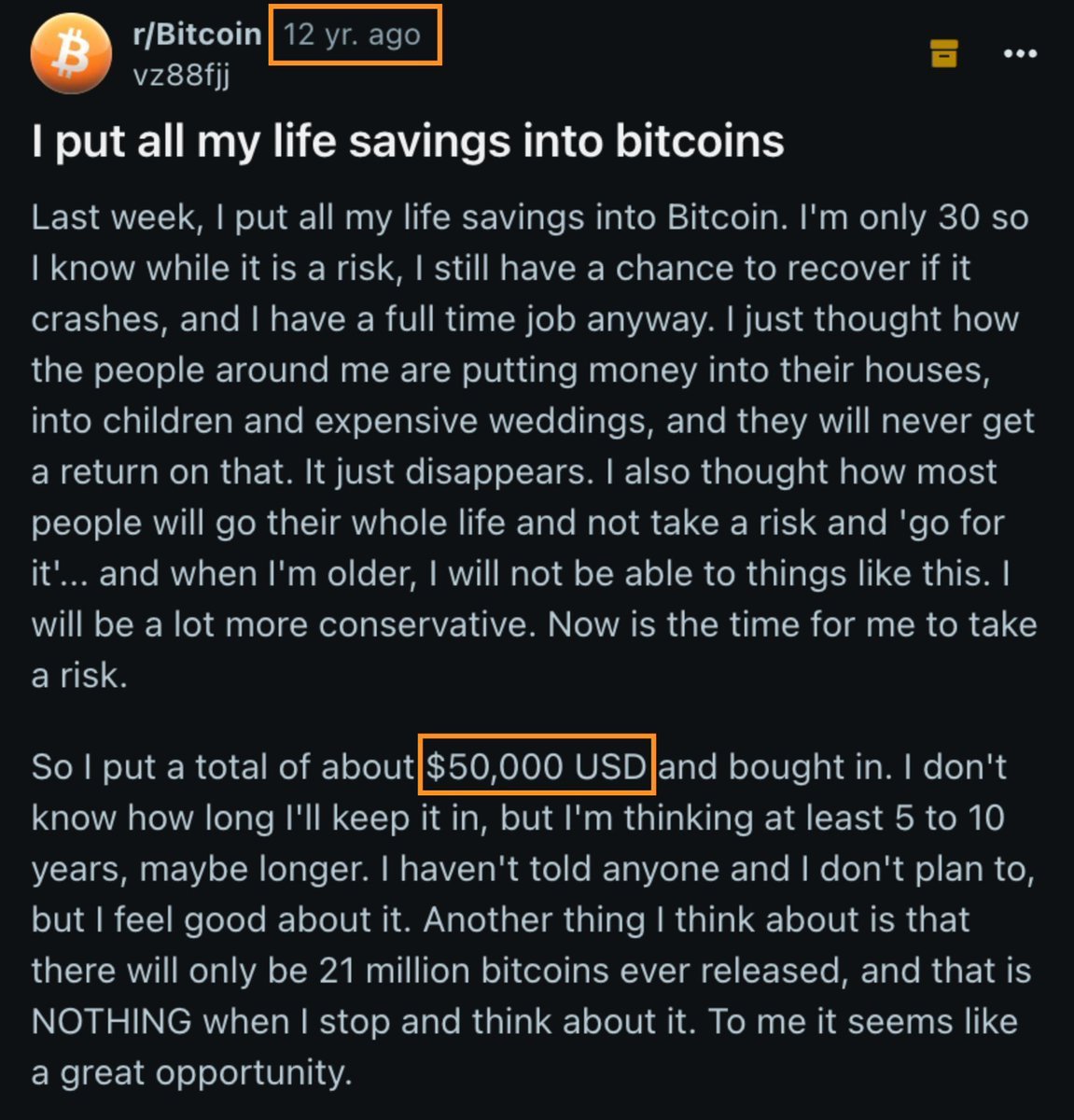 12 years ago, this guy bought $50,000 worth of Bitcoin.

Back then, each Bitcoin was worth just $100.

Today, his $50,000 Bitcoin purchase is worth over $50 million.

What a legend! 🫡