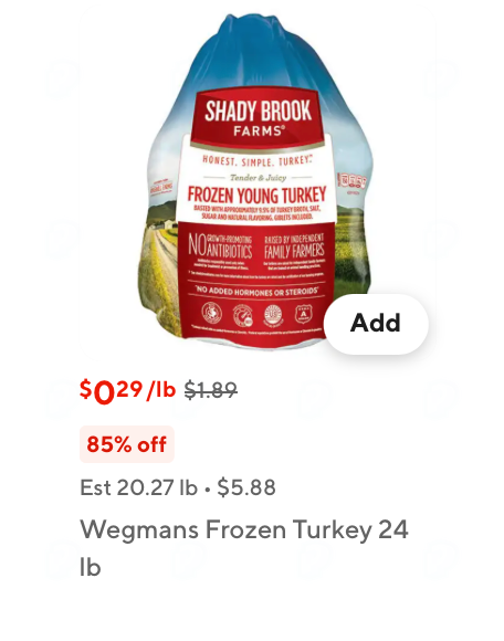 thedealsguy_'s tweet photo. 85% Off Frozen Turkeys 🦃 Wegmans x DoorDash

Search for "Frozen Turkey" or "Whole Turkey"

https://t.co/Z4RamehbpE https://t.co/324N6psJCh