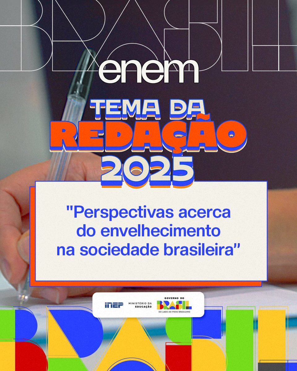 Nesta edição, os participantes deverão escrever sobre "Perspectivas acerca do envelhecimento na sociedade brasileira”, respeitando os critérios do edital do exame.

Para mais informações, acesse: gov.br/inep ou gov.br/mec