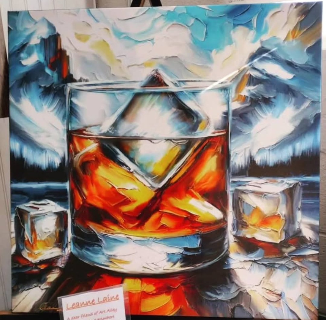 My #whiskey #art "Beyond the Rocks" at The Art Alley (Find this #whiskeyart on leannelainefineart.com) #bourbon #wineartist #wineart