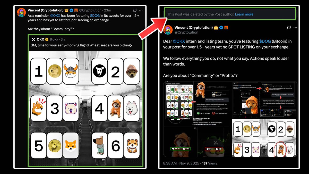 Cryptolution's tweet image. 🚨 JUST IN: After significant community feedback highlighting prior engagement farming-focused posts, @OKX has removed its recent $DOG post.