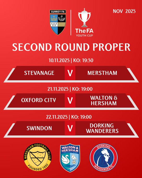 Red background graphic with Surrey FA logo at top left, FA logo at top right, and November 2025 date. Text announces Second Round Proper of The FA Youth Cup with three match fixtures: Stevanage vs Merstham on 10/11/2025 KO 19:30, Oxford City vs Walton and Hersham on 21/11/2025 KO 19:00, Swindon vs Dorking Wanderers on 22/11/2025 KO 19:00. Bottom section displays club logos: Merstham Football Club with yellow and black design, Walton and Hersham with blue swan emblem, Dorking Wanderers with red and white crest.