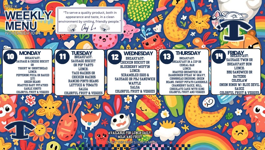 NEMiddle's tweet image. 🥞🥗 Menus for November 10–14 🍕🍎
A new week means more delicious meals prepared fresh in our Tift County cafeterias!
#4theT