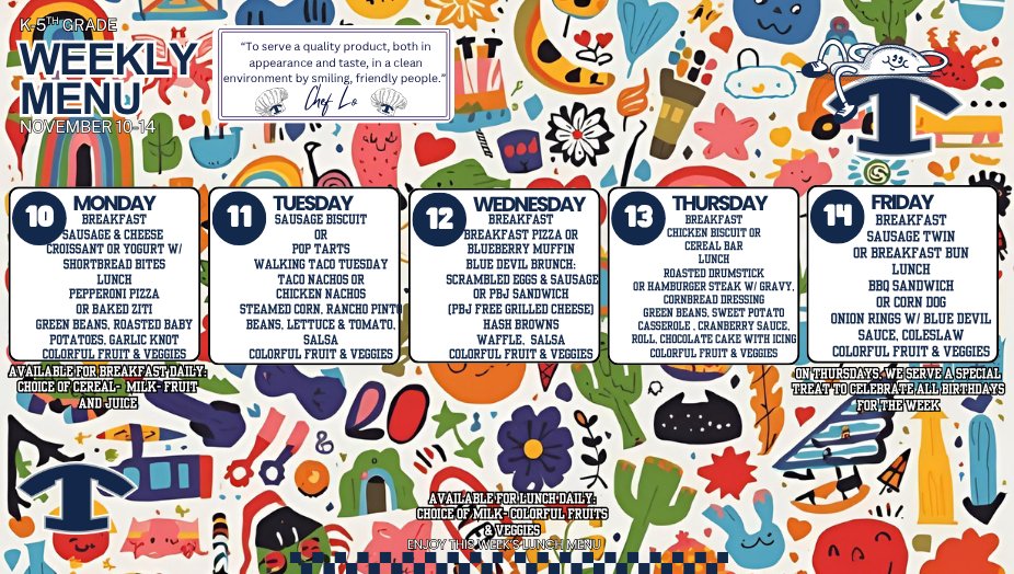 NEMiddle's tweet image. 🥞🥗 Menus for November 10–14 🍕🍎
A new week means more delicious meals prepared fresh in our Tift County cafeterias!
#4theT