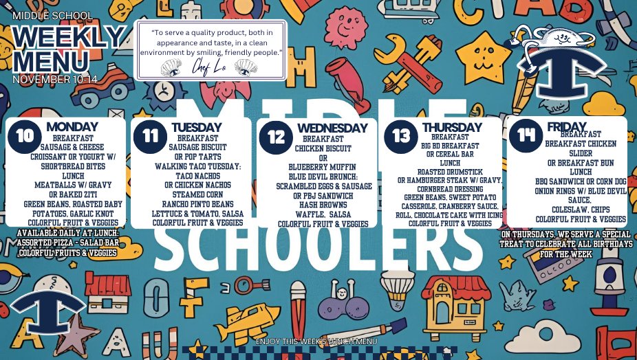 NEMiddle's tweet image. 🥞🥗 Menus for November 10–14 🍕🍎
A new week means more delicious meals prepared fresh in our Tift County cafeterias!
#4theT