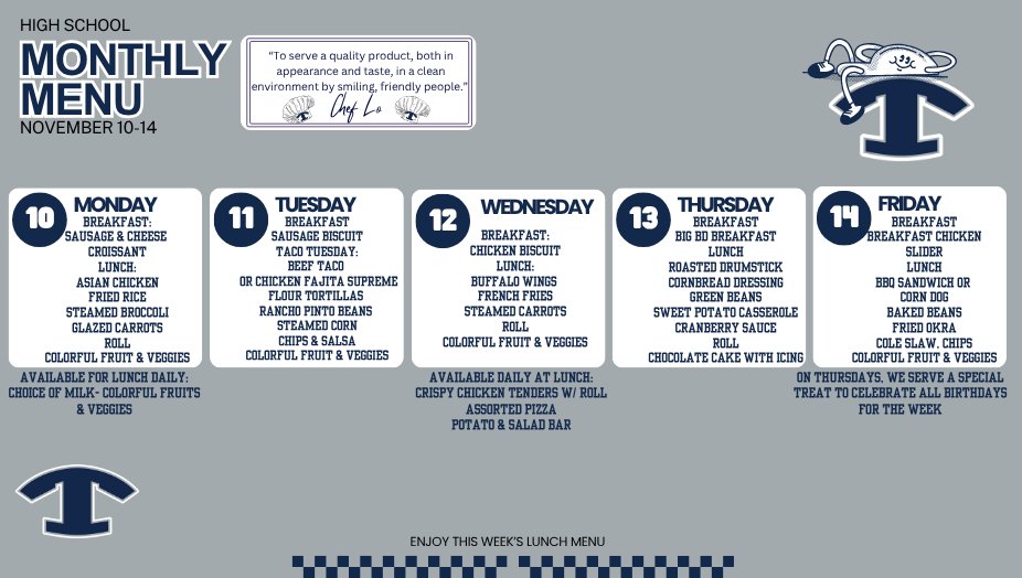 NEMiddle's tweet image. 🥞🥗 Menus for November 10–14 🍕🍎
A new week means more delicious meals prepared fresh in our Tift County cafeterias!
#4theT