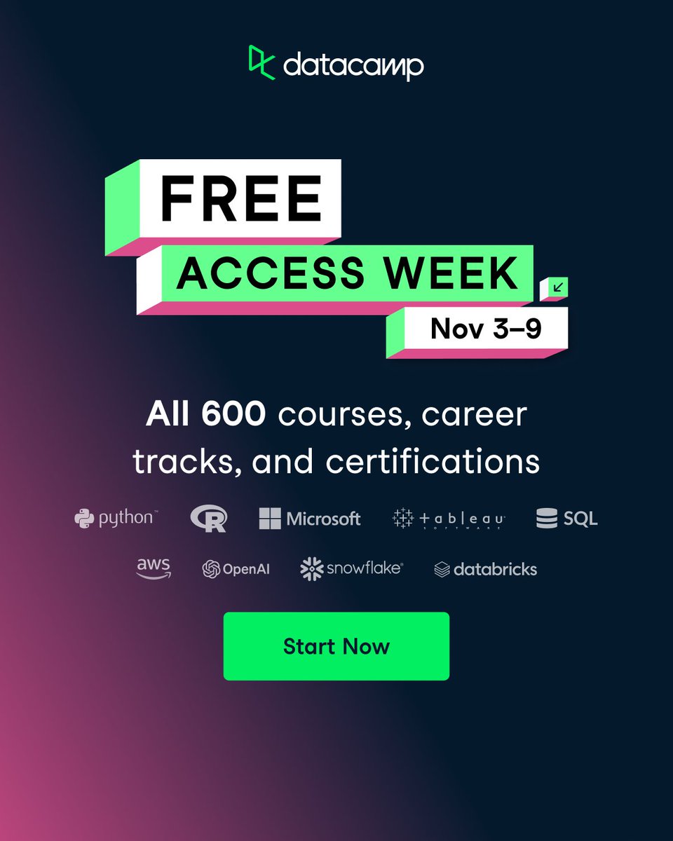 DataCamp's tweet image. Learn AI by doing AI.
Projects. Practice. Results.

Free for a few more hours → ow.ly/CjiZ50XnIwh

#DataCamp #FreeAccessWeek