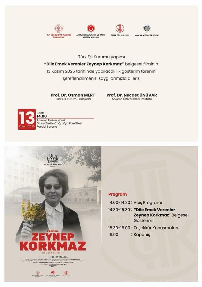 dilci_linguist's tweet image. Belgesel Gösterimi Duyurusu:

Prof.Dr. Zeynep Korkmaz Hocamızla ilgili bir belgesel gösterimi duyurusu. Ruhu şad olsun!..