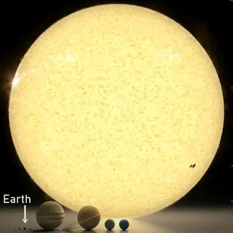 theblond__'s tweet image. Die grote gele is de zon.
Die kleine links onderin is de aarde.
1/13653ste deel daarvan is Nederland. En dáár gaan we het klimaat veranderen 🤡
